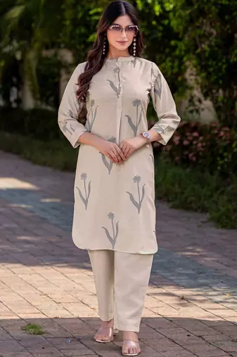 Cream cotton blend printed co-ord set for women