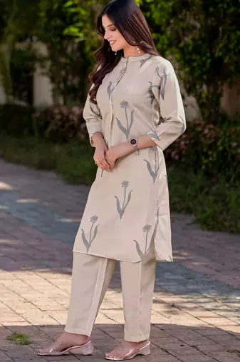 Cream cotton blend printed co-ord set for women