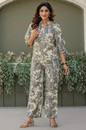 Multi & grey viscose rayon printed co-ord set for women