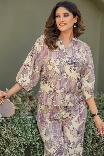Multi & rust viscose rayon printed co-ord set for women