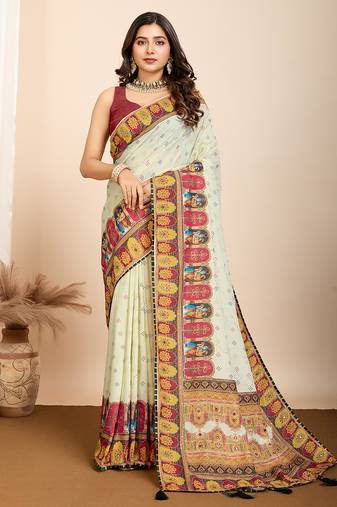 Olive printed maslin cotton saree with contrast blouse