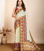 Olive printed maslin cotton saree with contrast blouse