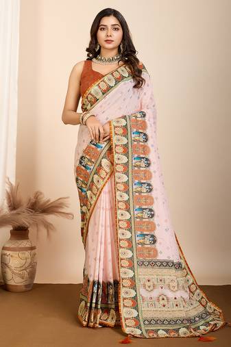 Peach printed maslin cotton saree with contrast blouse