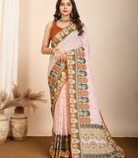 Peach printed maslin cotton saree with contrast blouse