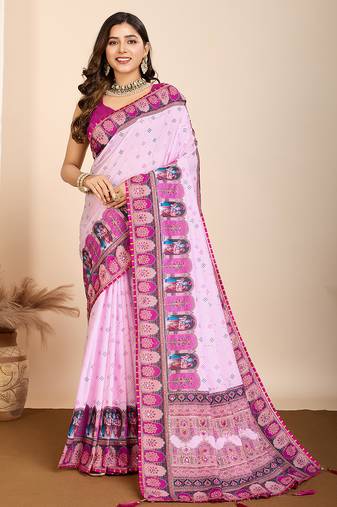 Pink printed maslin cotton saree with contrast blouse