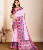 Pink printed maslin cotton saree with contrast blouse