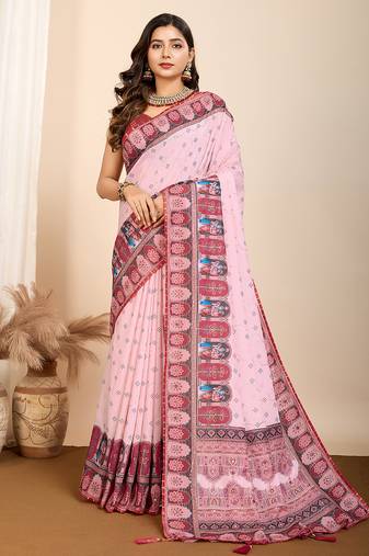 Rose pink printed maslin cotton saree with contrast blouse