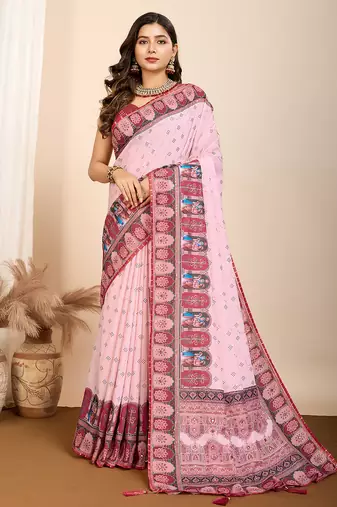 Rose pink printed maslin cotton saree with contrast blouse