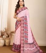 Rose pink printed maslin cotton saree with contrast blouse