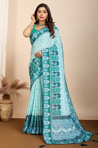 Turquoise printed maslin cotton saree with contrast blouse