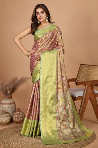 Brown art silk saree with all over zari weave
