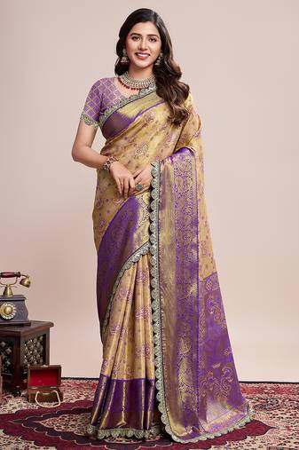 Beige art silk saree with jari weave rich pallu