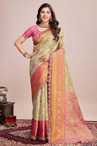 Green art silk saree with jari weave rich pallu