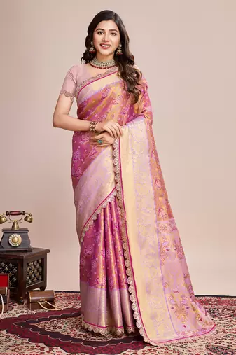 Pink art silk saree with jari weave rich pallu