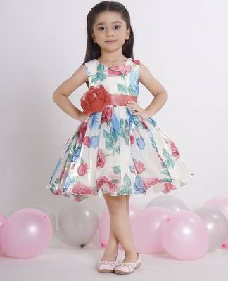 Off white digital floral printed organza Sleeveless party frock for kids 1