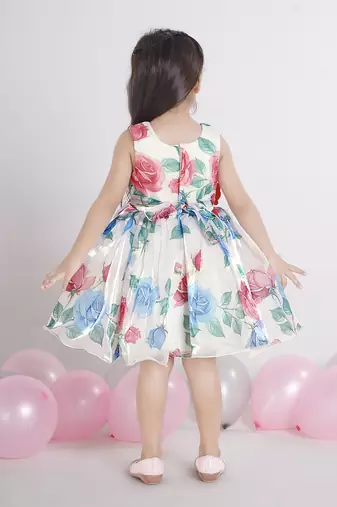 Off white digital floral printed organza Sleeveless party frock for kids