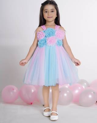 Blue 3d floral applique solid Sleeveless net party frock for kids 1