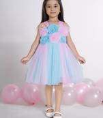 Blue 3d floral applique solid Sleeveless net party frock for kids