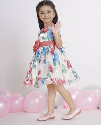 Off white digital floral printed organza Sleeveless party frock for kids 3