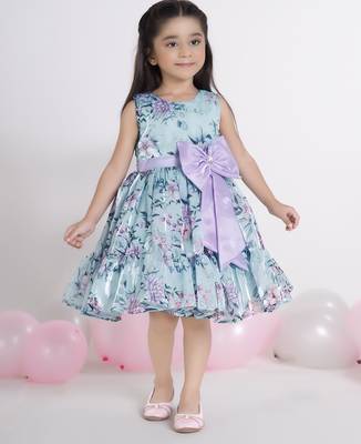 Sea blue digital floral printed organza Sleeveless party frock for kids  1