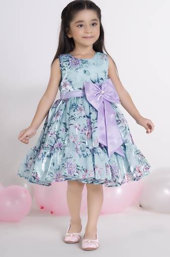 Sea blue digital floral printed organza Sleeveless party frock for kids 