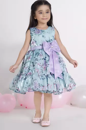 Sea blue digital floral printed organza Sleeveless party frock for kids 