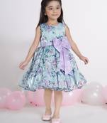 Sea blue digital floral printed organza Sleeveless party frock for kids 