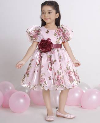 Peach digital floral printed organza Short Sleeve party frock for kids 1