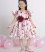 Peach digital floral printed organza Short Sleeve party frock for kids