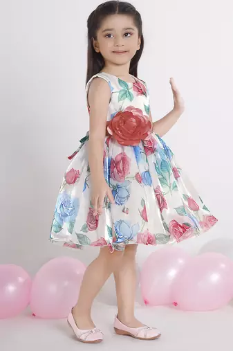 Off white digital floral printed organza Sleeveless party frock for kids