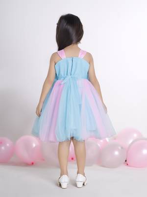 Blue 3d floral applique solid Sleeveless net party frock for kids 2