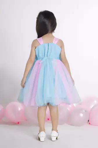 Blue 3d floral applique solid Sleeveless net party frock for kids