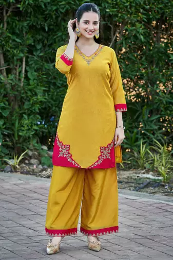 Yellow viscose spider floral embroidered festive & party co-ord set
