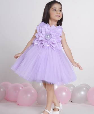 Purple Lilac 3d floral applique Sleeveless net party frock for kids 1