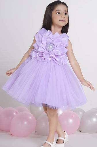 Purple Lilac 3d floral applique Sleeveless net party frock for kids
