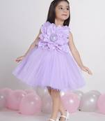 Purple Lilac 3d floral applique Sleeveless net party frock for kids