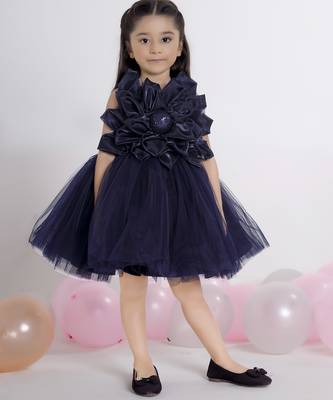 Navy blue 3d floral applique Sleeveless net party frock for kids 1