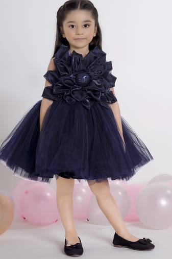 Navy blue 3d floral applique Sleeveless net party frock for kids