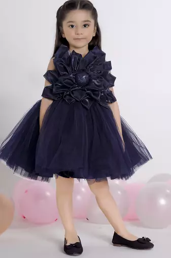 Navy blue 3d floral applique Sleeveless net party frock for kids