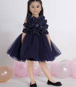 Navy blue 3d floral applique Sleeveless net party frock for kids