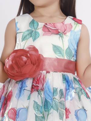 Off white digital floral printed organza Sleeveless party frock for kids 5
