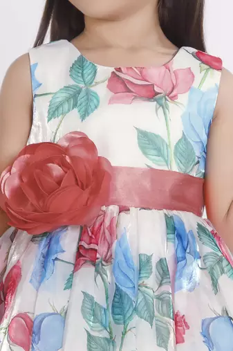 Off white digital floral printed organza Sleeveless party frock for kids