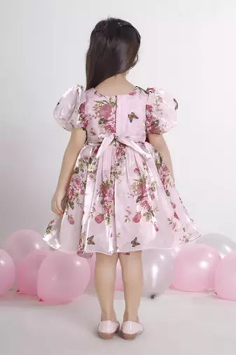 Peach digital floral printed organza Short Sleeve party frock for kids