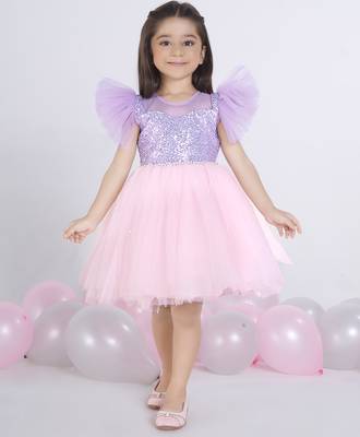 Purple Lilac sequence solid Sleeveless net party frock for kids 1