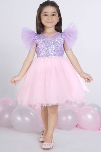 Purple Lilac sequence solid Sleeveless net party frock for kids