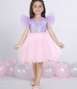 Purple Lilac sequence solid Sleeveless net party frock for kids