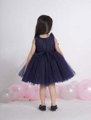 Navy blue 3d floral applique Sleeveless net party frock for kids 2