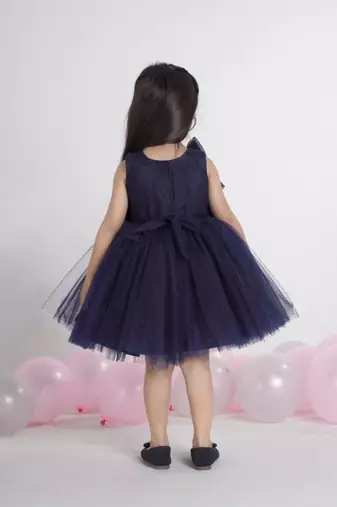 Navy blue 3d floral applique Sleeveless net party frock for kids