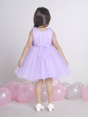 Purple Lilac 3d floral applique Sleeveless net party frock for kids 2