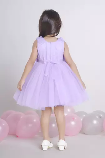 Purple Lilac 3d floral applique Sleeveless net party frock for kids